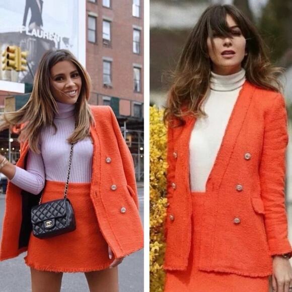 NWOT Zara Tweed Jewel Button Bright Orange Blazer. - Picture 3 of 10